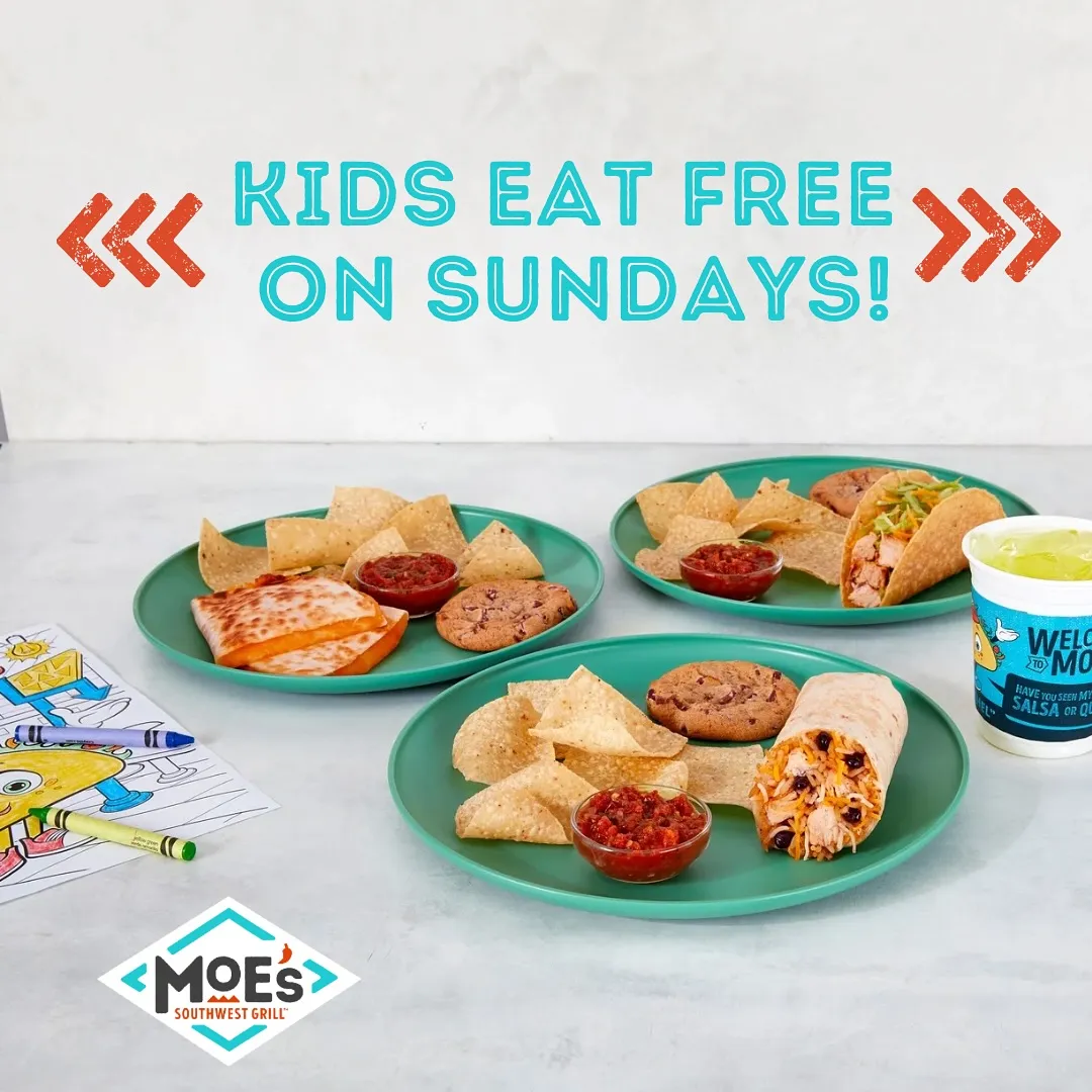 Kids meals at Moe's - quesadilla, burrito, tacos with coloring sheet and kids cup